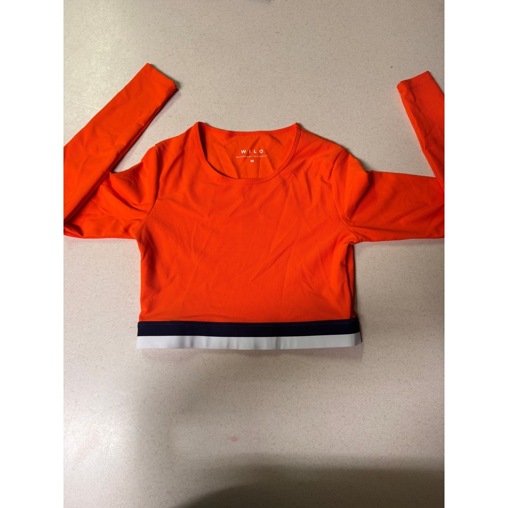 Wilo Melbourne Australia Women Ribbed Long Sleeve Crop Top Orange Navy White M